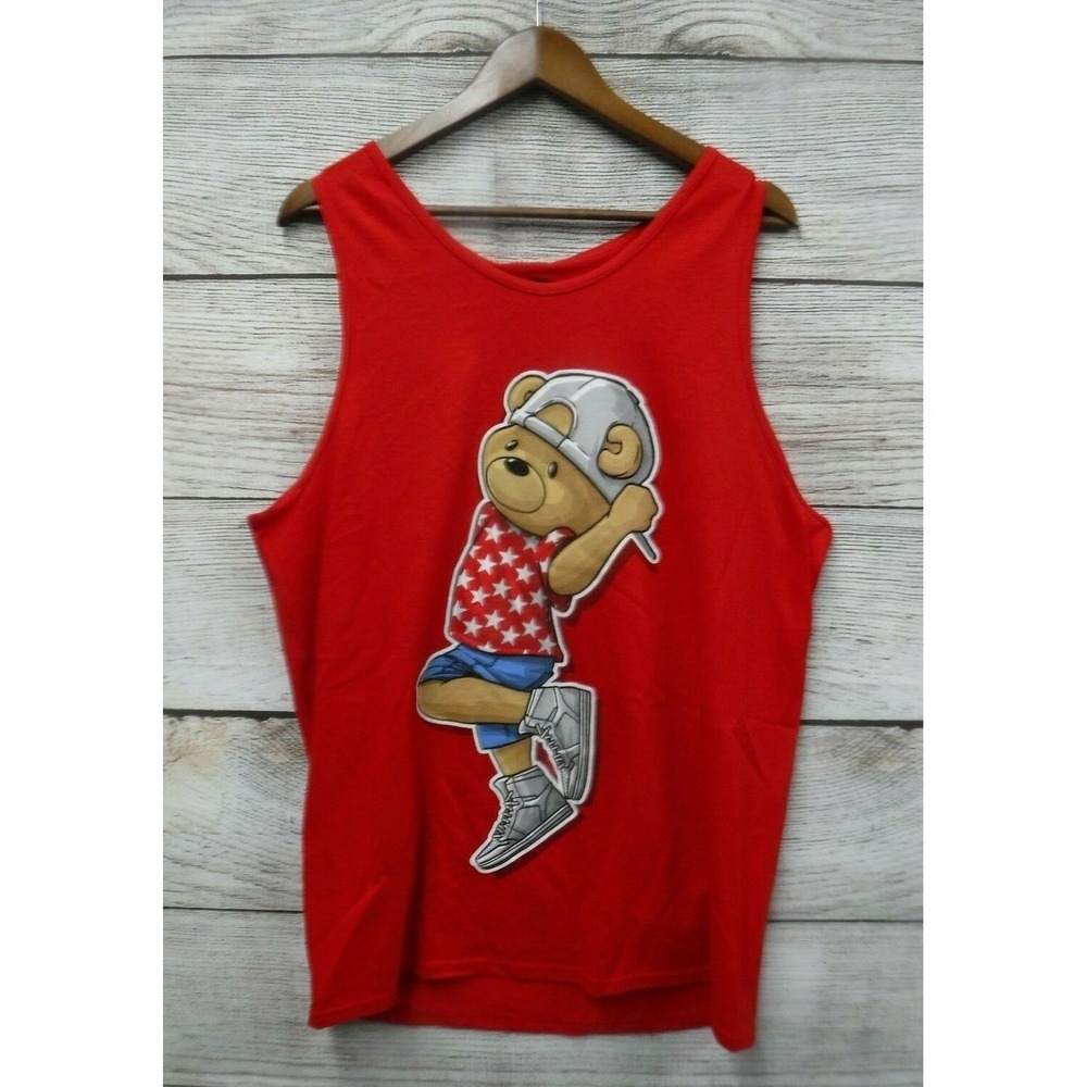 Hard Ten Shirt Mens Size Large Red Hipster Star Bear Graphic Skinny Tank New